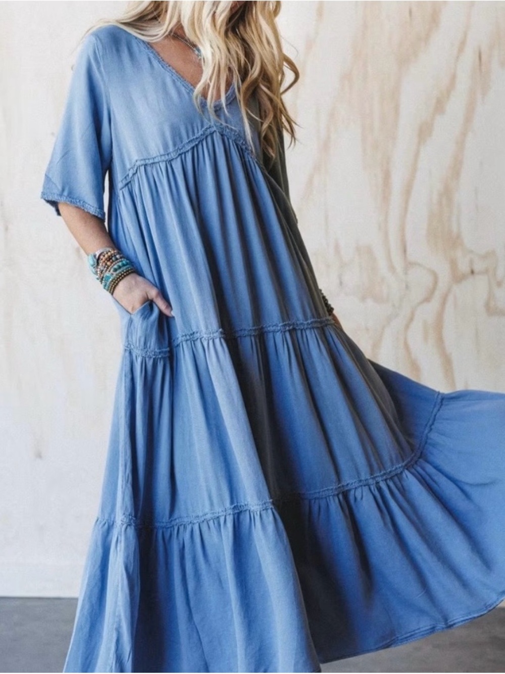 easel Denim Tiered Maxi Dress Medium
